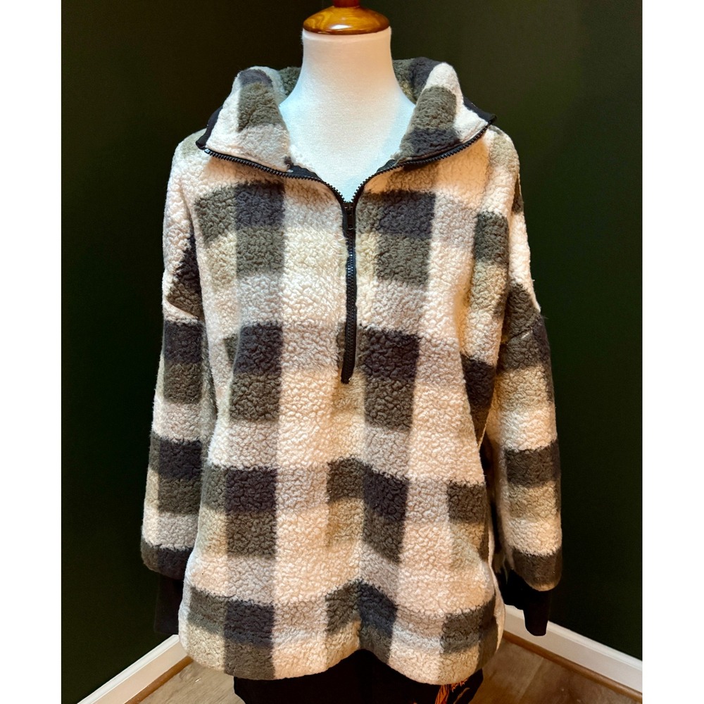 LulaRoe Plaid Fuzzy Sherpa‎ Half Zip Oversized Pullover Sweater Women's Size S
